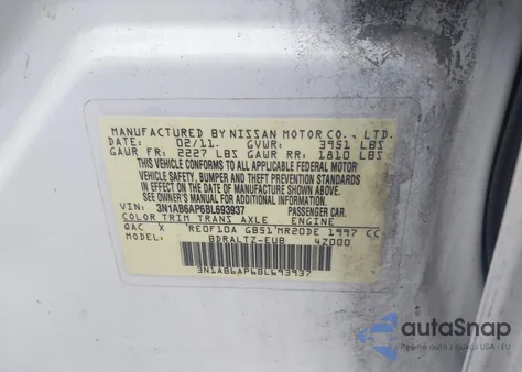 2011 Nissan Sentra 2.0S z USA, uszkodzony, nr VIN 3N1AB6AP6BL693937